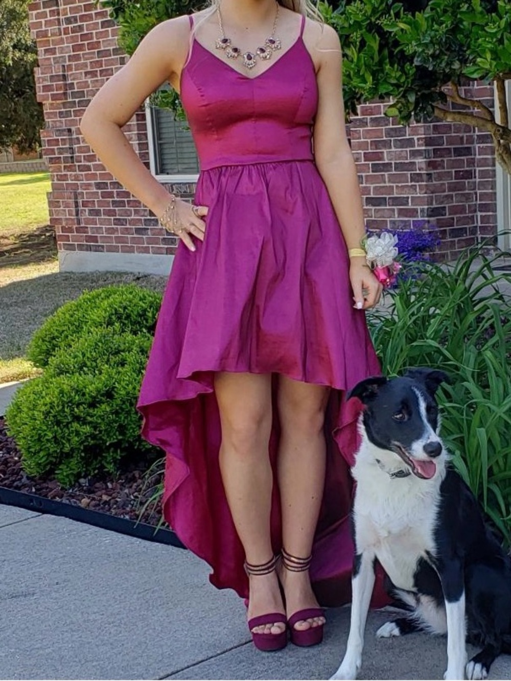Women's Fuchsia High-Low Satin Dress with Spaghetti Straps